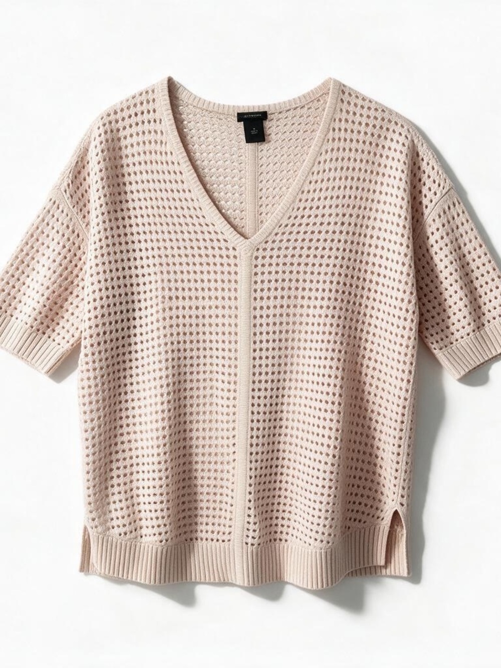 Ann Taylor Blush Open-Knit V-Neck Short Sleeve Boxy Cotton Blend Sweater